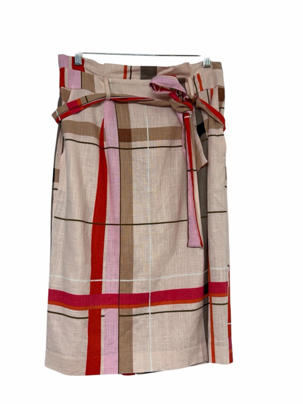 Ann Taylor 6 Plaid Tie Waist Skirt Pink Tan Linen Blend NWT